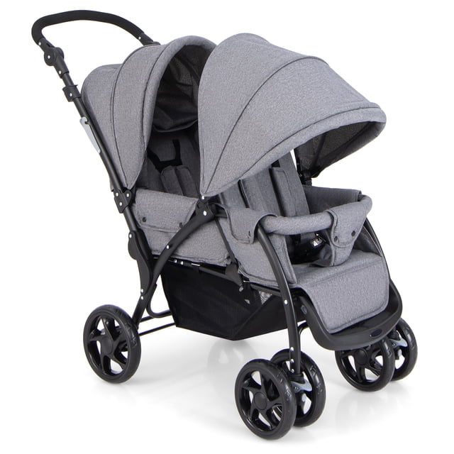 Costway Double Stroller Foldable Baby Twin Lightweight Travel Stroller Infant Pushchair Grey. Twin steel-frame stroller with two grey 300D Oxford seats, adjustable canopies and backrests (front 105°-135°, rear 105°-170°), dual 5-point safety belts, shock-absorbing front wheels with swivel-or-lock, rear linkage brake, 7-level adjustable handlebar, three footrest positions, under-seat storage; folds compactly. Front seat 6-36 months, rear 0-36 months.
