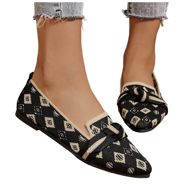 Womens Classic Knit Dress Shoes Ladies Spring Fall Mesh Pointed Toe Low Heel Slip on Ballet Flats Walking Oxfords Loafers
