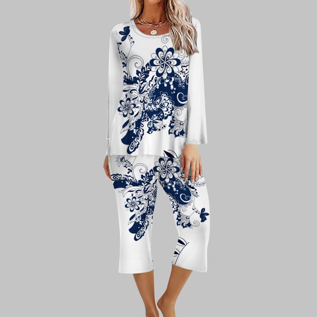Tenues Deux Pièces pour Femmes 2 Pcs Pyjama Confortable pour la Maison à Col Rond à Manches Longues Ensemble de Sport Ensembles de Pantalons Femmes Tenues 2 Pcs en Liquidation