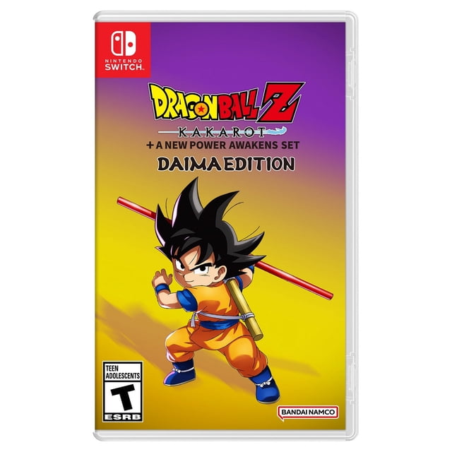 Dragon Ball Z: Kakarot Daima Edition Nintendo Switch game cover featuring young Goku in orange and blue martial arts outfit holding a red Power Pole on a yellow to purple gradient background, with Nintendo Switch and Bandai Namco logos, ideal for action RPG fans and Nintendo Switch downloads.