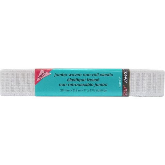 Unique Creativ Élastique Jumbo Non Enroulable, un Élastique Tissé Blanc de 1 Po (25 mm) de Large avec Nervures Croisées et Longueurs pour Empêcher l'Enroulement, Montré à Plat avec une Étiquette turquoise, Convient aux Tissus Lourds et Idéal pour Ceintures Ou Enveloppes en Couture.