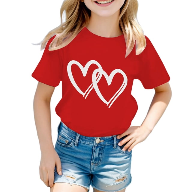 PMVFHDE T-Shirt d'Été à Manches Courtes pour Filles - Haut Décontracté à Col Rond avec Imprimé Graphique, T-Shirt en Coton Respirant pour Superposition pour Tout-Petits à Préados Rouge, 7-8 Ans