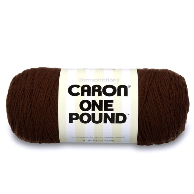 Caron® One Pound™ Yarn, Acrylic #4 Medium, 16oz/454g, 812 Yards in dark brown, a worsted weight acrylic yarn skein with a white label featuring bold black text, suitable for knitting and crochet projects and often used for making scarves, garments, and home decor.