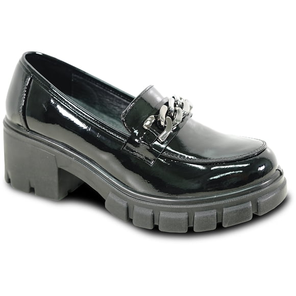 kozi Women Platform Chunky Heel Penny Loafer Slip-on Dress Shoe OY3301 Heel Pump Removable Insole Black Shining Size 6