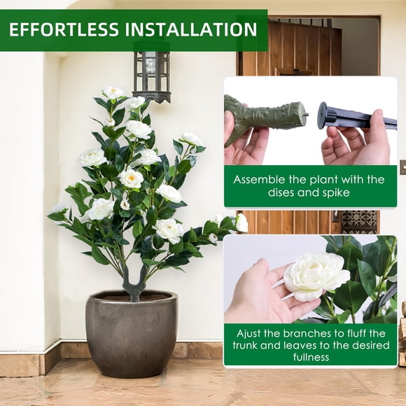Lifelike Artificial Topiary Ball Trees Set of 4 – White Camellia Flowers, 35.4" White Silk Shrubs with Ground Spike & Metal Stakes for Indoor/Outdoor Decor, 90x40cm, 4 White Flowers PZ-1-299