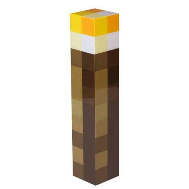 Light Up Torch 28CM High Brightness LED Minecraft Hand Held or Wall Mount Flashlight with a blocky torch design inspired by Minecraft. Made of eco-friendly plastic, it measures 28x5.7x5.7cm and is powered by 3 AAA batteries (not included). Ideal as an emergency flashlight for preparedness, camping, and exploration.
