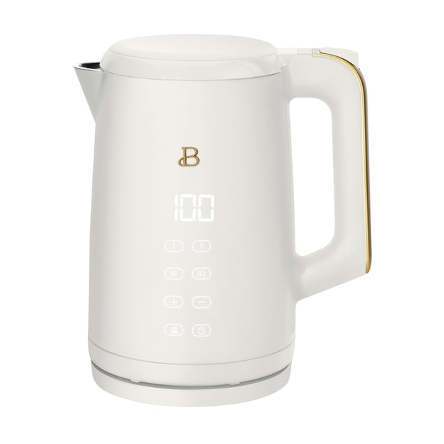 Beautiful by Drew Barrymore 1.7-Liter Electric Kettle 1500 W with one-touch activation, white matte finish with gold trim, touch-activated digital temperature display, cordless with 360° base, suitable for precise tea brewing and maintaining water temperature.