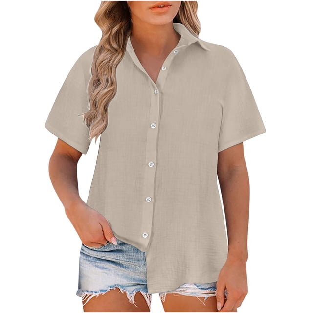 Timegard Womens Shirts Plus Size Cotton Linen Notched V-Neck Button down Short Sleeve Casual Loose Top