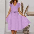 thumbnail image 2 of Penkiiy Robe Midi pour Femmes 2024 Été Décontractée à Fleurs à Manches Courtes Smockée Robes Midi Boho à Col en V Robes de Plage Soleil L Violet, 2 of 8