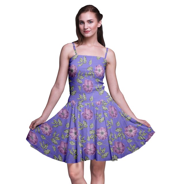 Bimba Robe Soleil Mini à Bretelles Spaghetti pour Femmes, Haut à Taille Smockée Imprimé Floral - X-Grand