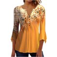 thumbnail image 3 of Pompotops Women's Casual Trumpet 3/4 Sleeve Printed Buttoned Basic Ruched Tops Pleated Blouses Clearance, 3 of 6