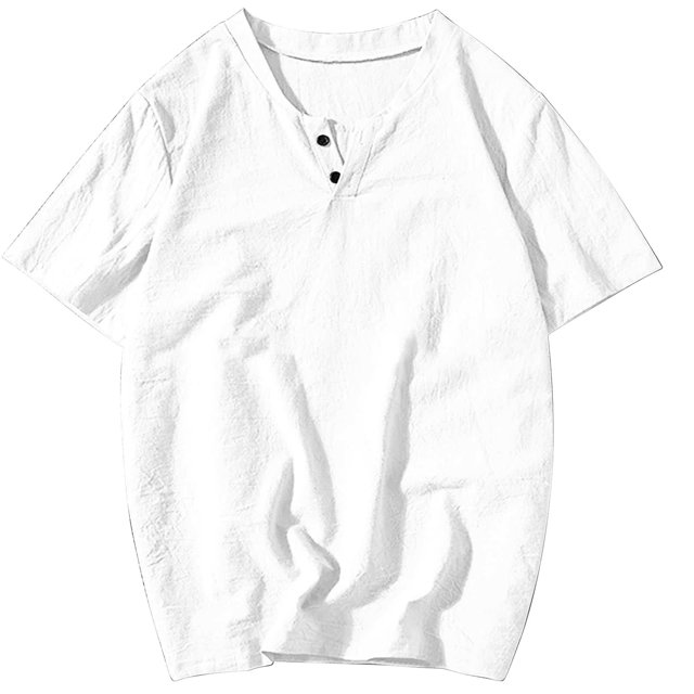 Plebaso T-Shirts pour Hommes en Coton et Lin à Col Rond, à Boutons, T-Shirts Décontractés, Unis, à Manches Courtes, Légers, Hauts de Plage
