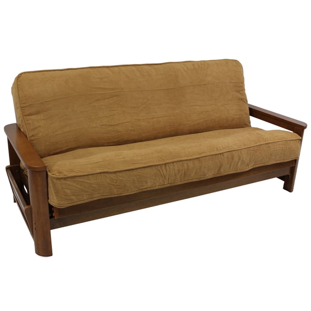 Solid Microsuede Double Corded 8 to 9-inch Full Futon Cover in camel color, designed to fit futons measuring 75 inches wide by 54 inches deep by 9 inches high. Made from 100% polyester fabric with a classic double-corded design. Ideal as a slipcover for futons. Frame not included.