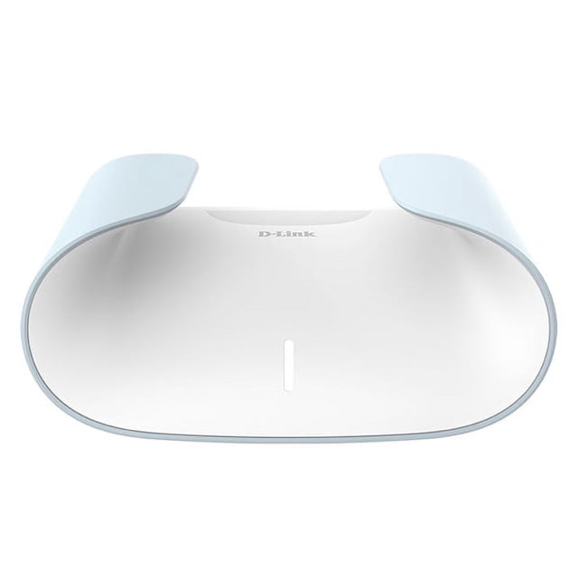 D-Link AQUILA PRO AI AX3000 Wi-Fi 6 Smart Mesh Router (M30) top view with a white oval body and light blue curved antenna wings on each side, featuring a subtle D-Link logo, designed for advanced mesh networking and Wi-Fi 6 performance.