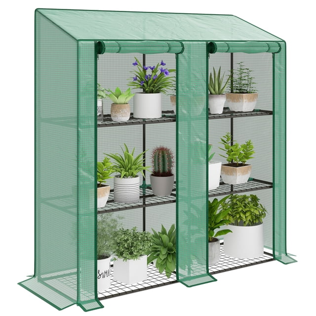 Outsunny Mini Greenhouse avec 3 Niveaux 6 Tablettes Portable Green House, Vert. Cette Serre Compacte Présente une Housse PE Verte avec Deux Portes Enroulables pour ventilation et Accès Facile. Elle Comprend Trois Niveaux avec six Tablettes en Fil Métallique, Offrant un Vaste Espace pour Organiser les Plantes. la Conception du Toit en pent Empêche l'Accumulation d'Eau, pendant Que la Housse Surdimensionnée Assure la Stabilité en Étant Enfouie dans le Sol. Idéale pour Protéger les Plantes du Gel et des Dommages UV, Elle Mesure 56.3 Pouces de Large, 18.1 Pouces de Profondeur et