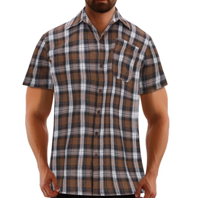 Penkiiy Men's Regular-Fit Short Sleeve Woven Button Down Shirt with Pocket S Coffee