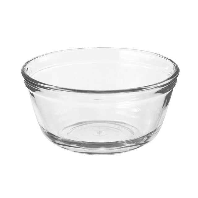 Anchor Hocking 1.5 Quart Mixing Bowl made of clear glass with a wide opening and thick rim, shown in a centered front view on a white background. This versatile bowl is freezer, dishwasher, oven, and microwave safe, ideal for mixing, baking, serving, and storing food.