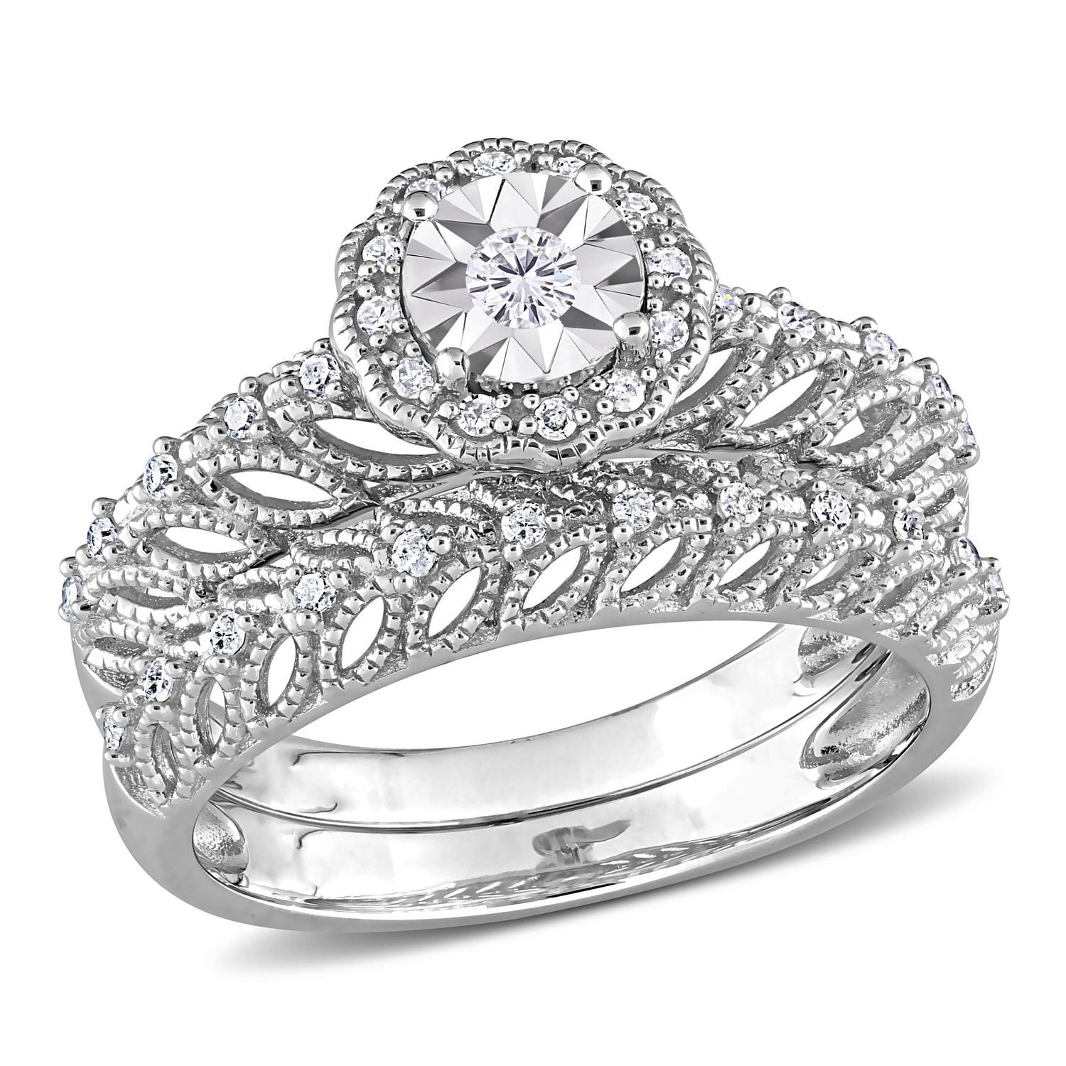Ensemble de bague nuptiale à auréole Miabella avec 1/ Carat poids total de diamant en argent sterling