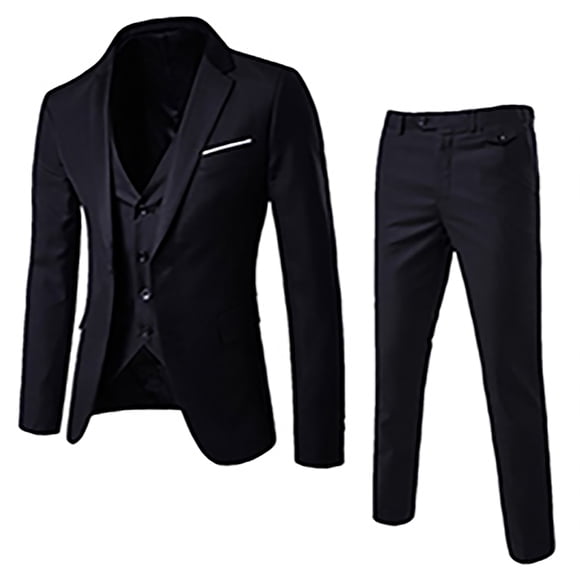 TIMIFIS Black Men's 3 Piece Slim Suit Business Set One Button Blazer Solid Jacket Vests with Pants Men Tuxedo Suit Set Wedding Partys Dress - Spring/Summer