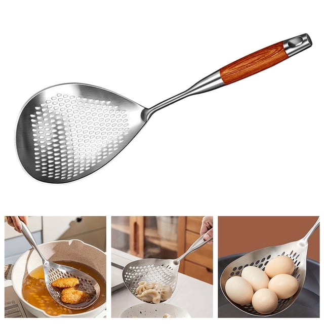 Stainless Steel Slotted Spoon Kitchen Utensil with Ergonomic Wooden Handle for Efficient Draining Frying and Serving