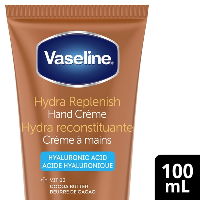 Vaseline Hydra Recharges tube de Crème pour les Mains Brun avec logo Vaseline, Contenant de l'Acide Hyaluronique, de la Vitamine B3 et du Beurre de Cacao pour une Hydratation en Profondeur des Mains Sèches, Format 100 ml, Convient aux Soins Quotidiens des Mains.