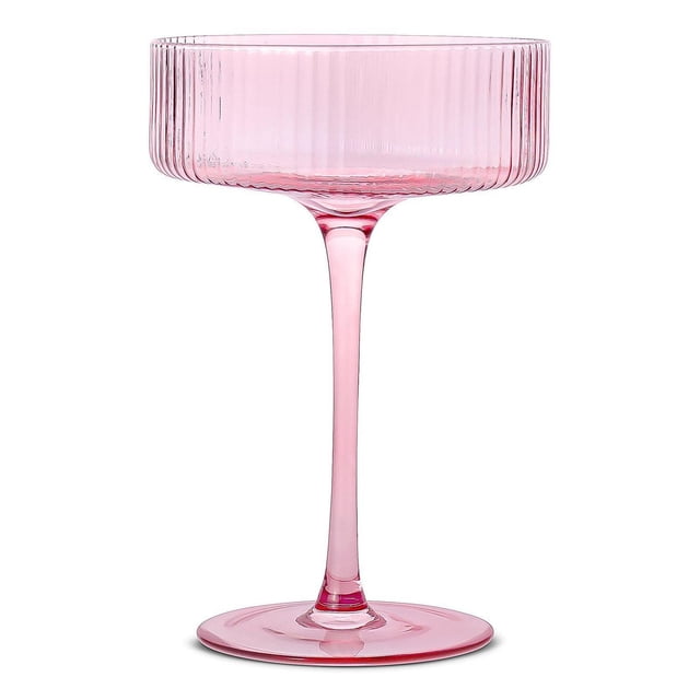 Ribbed Cocktail Coupe 290 ml, Set of 4, showing a close-up front view of a pink ribbed cocktail glass with vertical carved indentations on the bowl, slender stem, and flat base, made of lead-free crystal ideal for bar and wine glassware, also suitable for serving desserts.