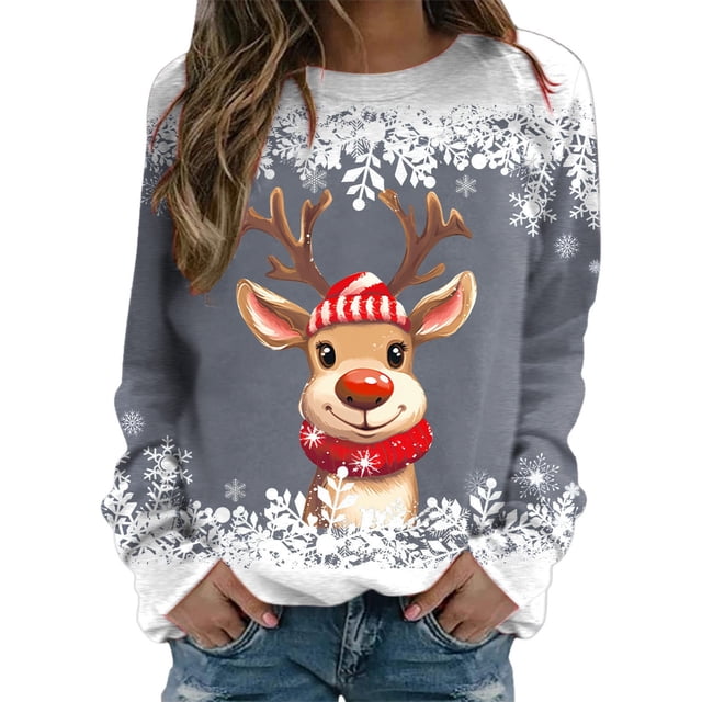 Chandails pour Femmes Veste de Noël pour Femmes Adolescentes Filles Manches Longues Chandails Amples Femmes Chandail à Col Rond Mignon Renne Ensemble de Tenue Confortable Femmes Chandails Graphiques de Noël