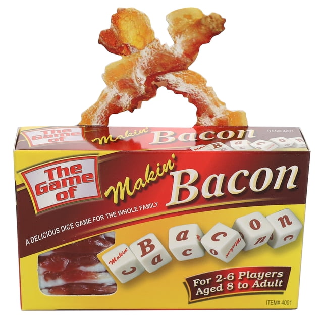 TDC Games Makin' Bacon Dice Game Comprenant une Boîte Compacte Conçue pour Ressembler à un Paquet de Bacon, avec six dés Affichant le Mot « Bacon » et un Graphique Ludique de Bande de Bacon sur le Dessus. Convient aux Joueurs de 2 à 6 Ans et Plus, Ce Jeu de Voyage Rapide Est Idéal pour les Soirées Jeux en Famille, les Fêtes Ou comme Cadeau unique pour les Amateurs de Bacon.