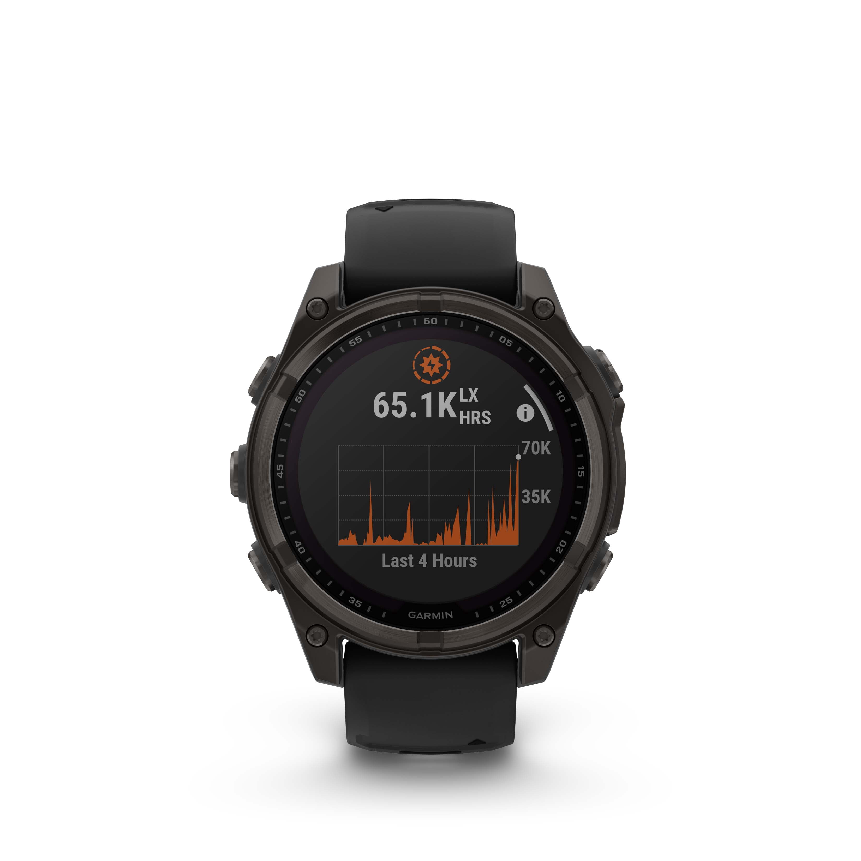 Montre intelligente GPS Garmin fēnix® 8 avec objectif en saphir solaire - 47 mm - Lunette en titane DLC gris carbone avec bracelet en silicone noir/gris galet