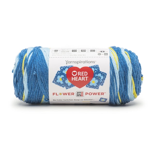 Red Heart® All In One Flower Power™ #4 Worsted (Medium) Acrylic Yarn skein with blue, light blue, yellow, and white engineered stripes, 8.8oz/250g and 417 yards, designed for seamless crocheting of floral motifs with fewer ends to weave in, wrapped in a branded label.
