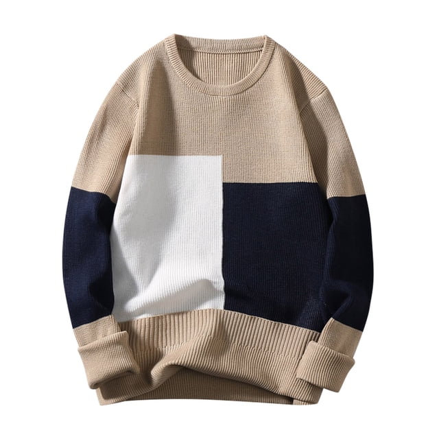 Men's Winter Wool Blend Sweater Coat Round Neck Pullover Top with a colour-block pattern in beige, navy, and white. Crafted from a wool blend fabric for warmth and comfort, featuring long sleeves, ribbed hem and cuffs, and versatile styling for layering during autumn casual or daily wear.