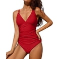 thumbnail image 3 of Charmo Womens V Neck One Piece Swimsuits Ruched Tummy Control Monokini Bathing Suits, 3 of 6