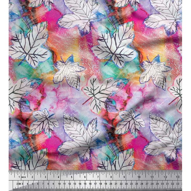 Soimoi Poly Georgette Fabric Texture & Maple Leaves Printed Fabric 1 Yard 42 Inch Wide