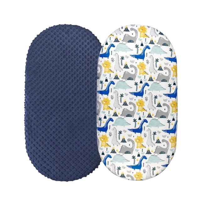 Xuewenshw 2PCS Baby Mose Sheet Bassinet Sheet Cradle Sheet set featuring two fitted sheets. One sheet has a navy blue minky dot texture, and the other displays a colourful cartoon animal print with dinosaurs, lions, and elephants. Designed to fit rectangular or oval bassinet pads up to 41 cm x 82 cm (16.5” x 32”). Elasticated edges ensure a snug fit and easy removal for laundering. Made from breathable knitting material for baby comfort.