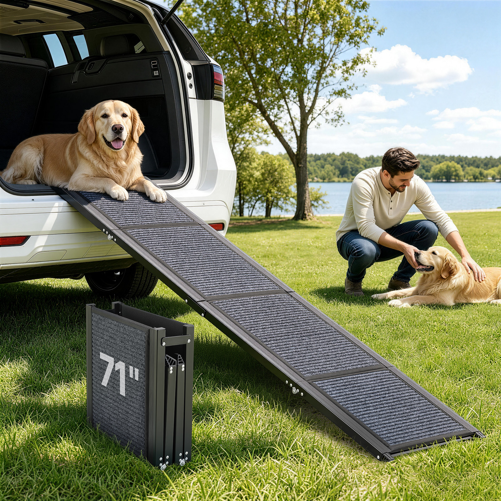 VEVOR Dog Ramp for Cars, 71" L x 17" W, Folding Pet Ramps for Medium & Large Dogs up to 250lbs, Pet Stair Ramp with Non-Slip Felt Rug Surface, Portable Outdoor Dog Car Ramps for SUV & Truck