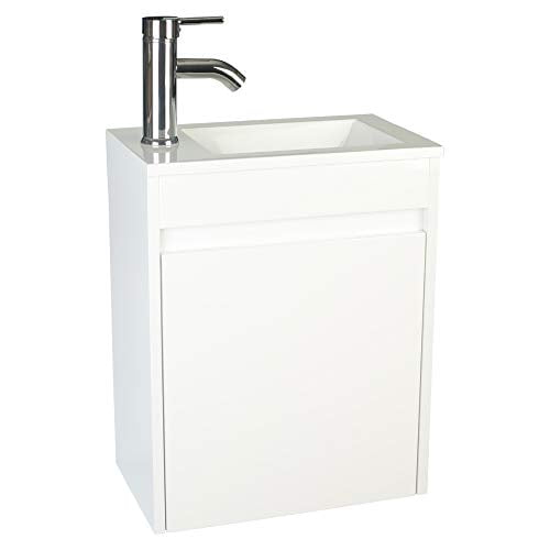 eclife Bathroom Vanity W/Sink Combo 16” for Small Space MDF Paint Modern Design White Wall Mounted Cabinet Set, White Resin Basin Sink Top, Chrome Faucet W/Flexible U Shape Drain B10W