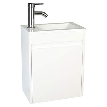 eclife Bathroom Vanity W/Sink Combo 16” for Small Space MDF Paint Modern Design White Wall Mounted Cabinet Set, White Resin Basin Sink Top, Chrome Faucet W/Flexible U Shape Drain B10W