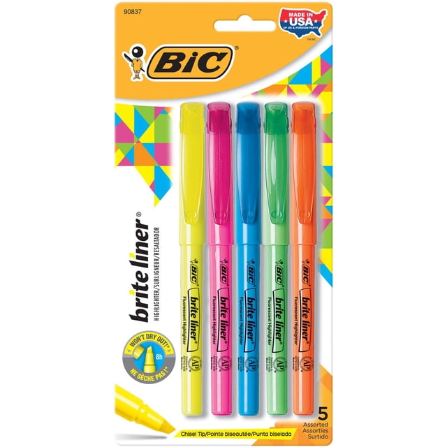 Surligneurs BIC Brite Liner, pointe biseautée, paquet de 5