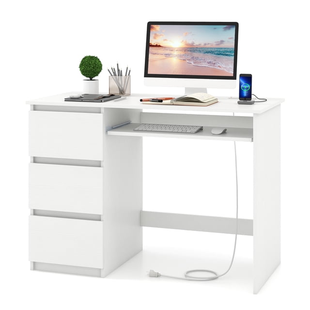 Costway Computer Desk with Built-in Charging Station USB & Type-C Ports Keyboard Tray & 3 Drawers White. A modern white engineered wood desk featuring a spacious tabletop, three pull-out drawers, and a sliding keyboard tray. Includes a built-in charging station with two AC outlets, one USB port, and one Type-C port, along with a 5 ft power cord for convenience. Designed with hidden handles, non-slip foot pads, and metal slides for smooth operation. Suitable for use as office furniture, a PC desk, workstation, or vanity table in bedrooms, studies, or offices.