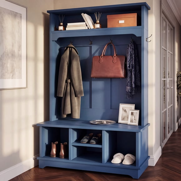 OMCHOM Portemanteau d'Entrée avec Banc et Rangement pour Chaussures, Organisateur de Rangement Style Ferme 4-en-1 de 71 Pouces pour Vestiaire avec Portemanteau, 4 Casiers à Chaussures, Tablette de Rangement pour Entrée, Couloir, Salon (Bleu)
