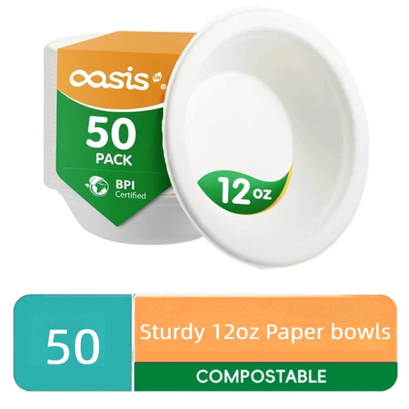 Bols en Papier, Bols Jetables de 12 Oz, OasisSN Bols Allant au Micro-Ondes pour Soupe, Bol en Bagasse Biodégradable Robuste pour Collations, Salades, Bols de Service Jetables pour le Souper Ou le Lunch, Bols Blancs, 50 Unités