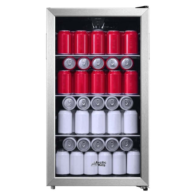 Arctic King 115-Can Beverage Refrigerator and Cooler with stainless steel look frame, front view showing four adjustable wire shelves stocked with red and white beverage cans, clear glass door for easy viewing, compact mini fridge ideal for home or office use.