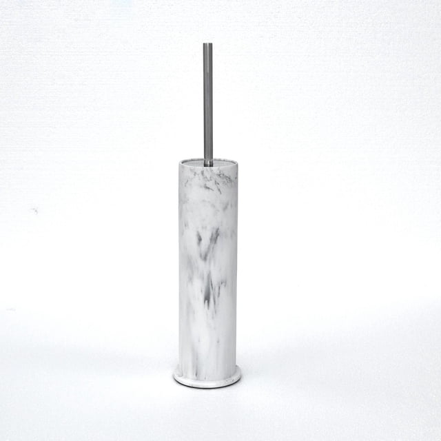 hometrends Faux Marble White Toilet Brush and Holder with a slim cylindrical sandstone holder featuring a honed marble pattern and a metal handle brush, designed for bathroom cleaning and discreet placement behind toilets