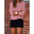 thumbnail image 3 of T-shirt à Manches Longues Rayé Rouge et Blanc pour Femmes, Coton, Coupe Ample, Basique, Col Rond, Hauts, Tee, Automne, Chandails, Nouveau, 3 of 3