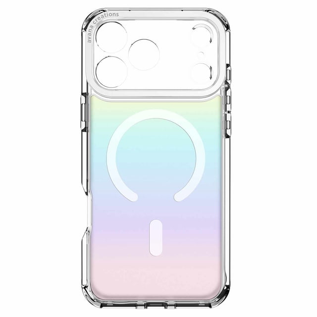 Avana Cosmic Frost MagSafe Case Violet for iPhone 17 Pro featuring a clear, iridescent cover with a pastel gradient from green to pink, white MagSafe charging ring, transparent camera bay, reinforced edges for 10 ft drop protection, and a strap slot for charms or lanyard.