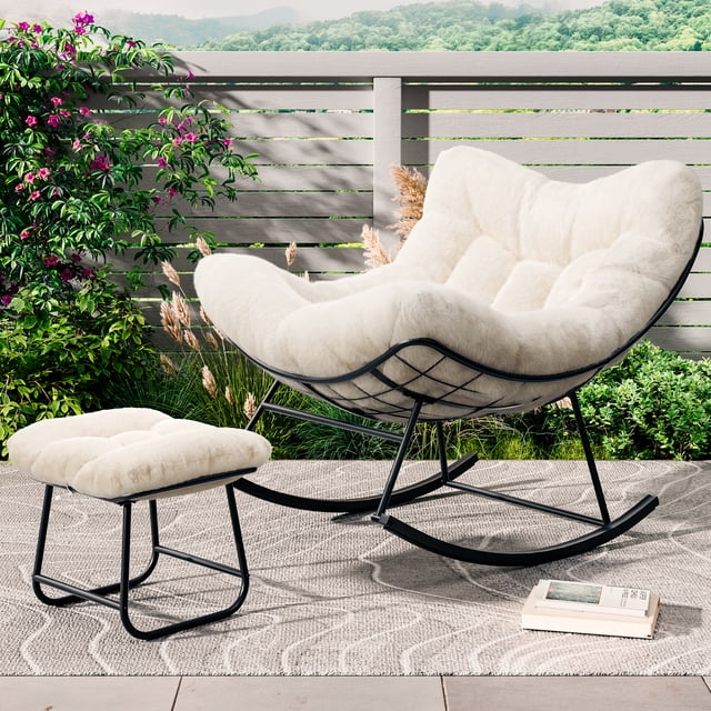 AKDSteel Patio Rocking Chair, Outdoor Oversized Papasan Rocker With Ottoman, 450lb Capacity All-Weather Pe Rattan Egg Chair For Porch, Backyard And Balcony