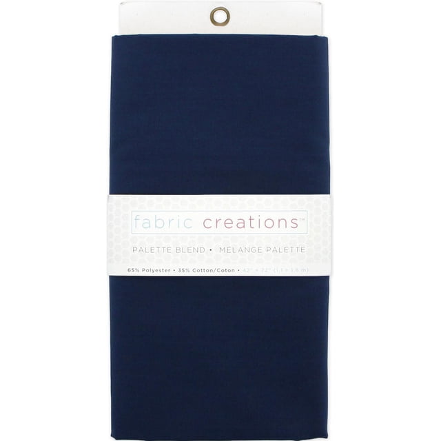 Fabric Creations Polycotton 65/35 pre-cut fabric in navy blue, folded with a white label showing brand and fabric blend details, measuring 42 by 72 inches (1.1 by 1.8 meters), made of 65% polyester and 35% cotton, suitable for quilting, garment sewing, and home décor projects.