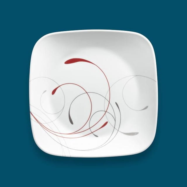 Corelle Splendor 9" Square Glass Salad Plate with a white base and elegant dark red and light gray swirling tendril patterns, made from durable, lightweight Vitrelle glass resistant to chips and cracks, shown from a top-down view on a teal background, suitable for casual and formal dining and space-saving storage.