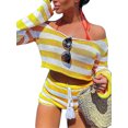 thumbnail image 2 of Gupgi 2Pcs Women Knit Outfits, Solid Color'Stripe Off Shoulder Crop Tops + Elastic Waist Shorts Set, 2 of 9