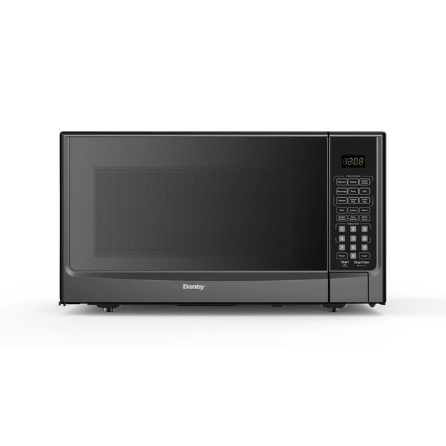 Danby Designer DDMW01440BG1 1.4 cu ft sensor cooking microwave in black with a front-facing rectangular door featuring a dark mesh window, digital control panel on the right with 9 sensor cooking options including popcorn and pizza, numeric keypad, LED display, and start/stop buttons, supported by four small feet.